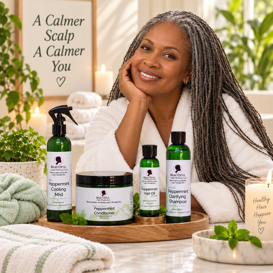 Peppermint Power Starter Routine Kit for low porosity Sisterlocks with four Beautiful Hair Products, green microfiber towel cap, and mature Black woman with long gray Sisterlocks.