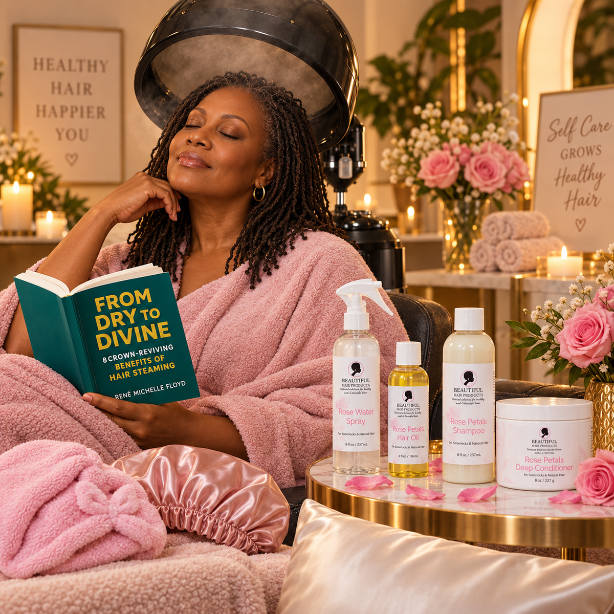 Mature Black woman with fine Sisterlocks relaxing under a professional hair steamer beside Beautiful Hair Products Rose Petals hair care, satin accessories, and From Dry to Divine