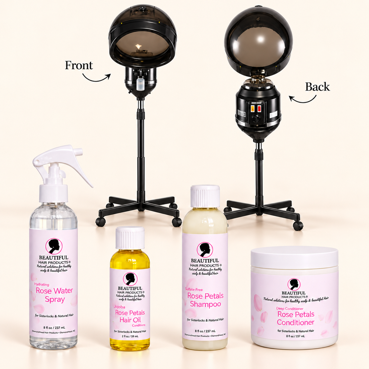 Beautiful Hair Products Rose Water Hydrating Spray, Rose Petals Hair Oil, Rose Petals Sulfate-Free Shampoo, Rose Petals Deep Conditioner, and front and back views of the professional hair steamer on a cream background