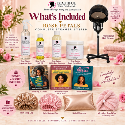Rose Petals Complete Steamer System showing four Beautiful Hair Products Rose Petals hair care products, professional hair steamer, three hair care eBooks, satin sleep cap, satin shower cap, satin pillowcase, and microfiber towel cap