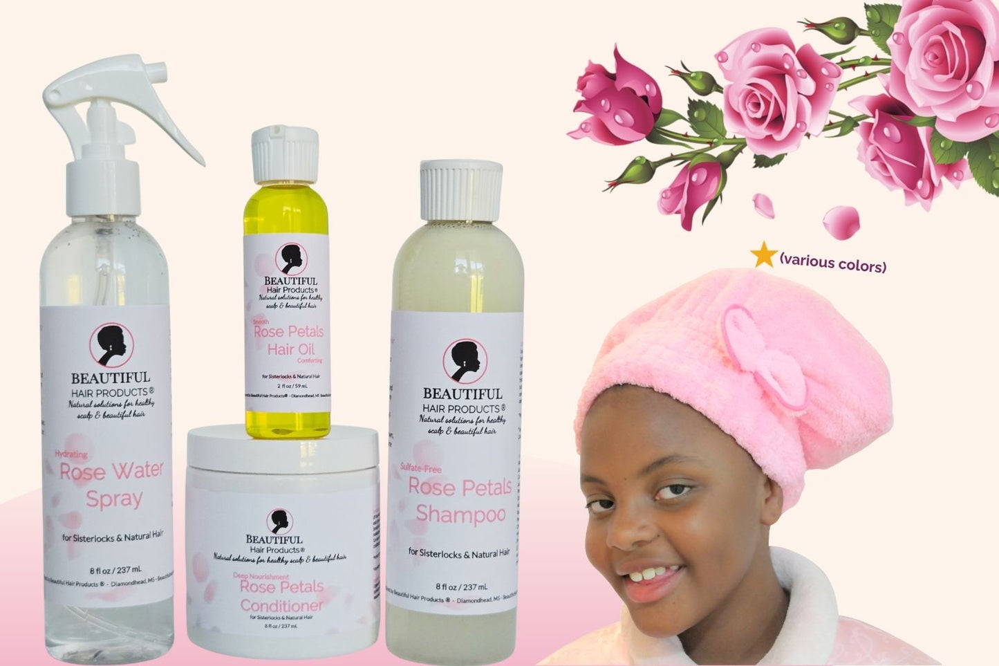 Rose Petals Daily Hydration Starter Kit with rose products and towel cap specifically designed for Sisterlocks daily care