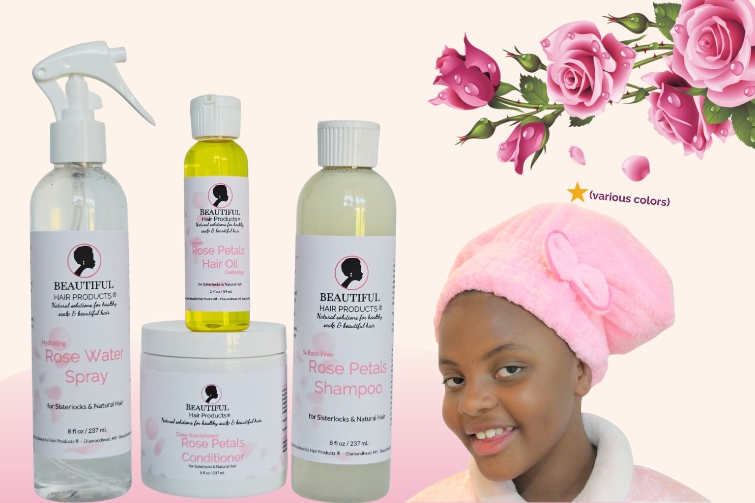 Rose Petals Daily Hydration Starter Kit with rose products and towel cap specifically designed for Sisterlocks daily care