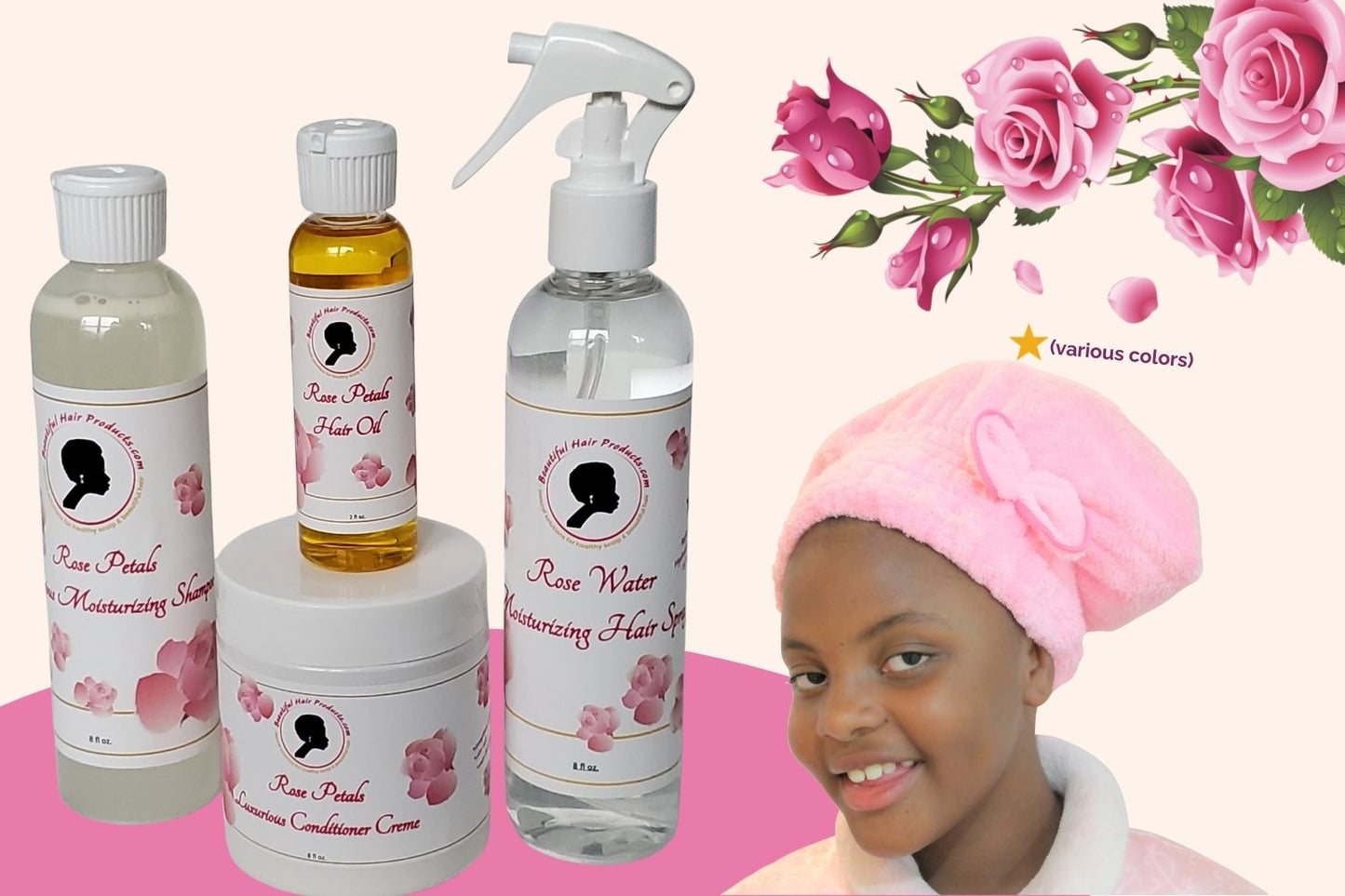 Rose Petals Daily Hydration Starter Kit with rose products and towel cap specifically designed for Sisterlocks daily care