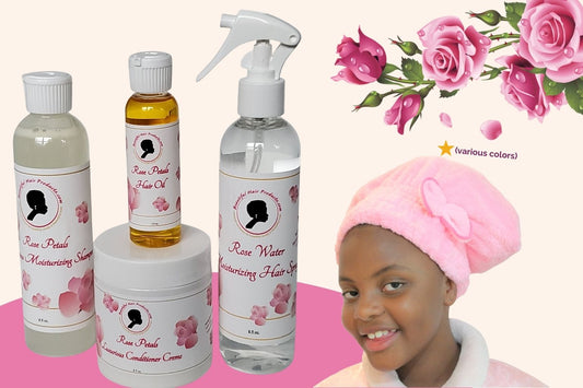 Rose Petals Daily Hydration Starter Kit with rose products and towel cap specifically designed for Sisterlocks daily care