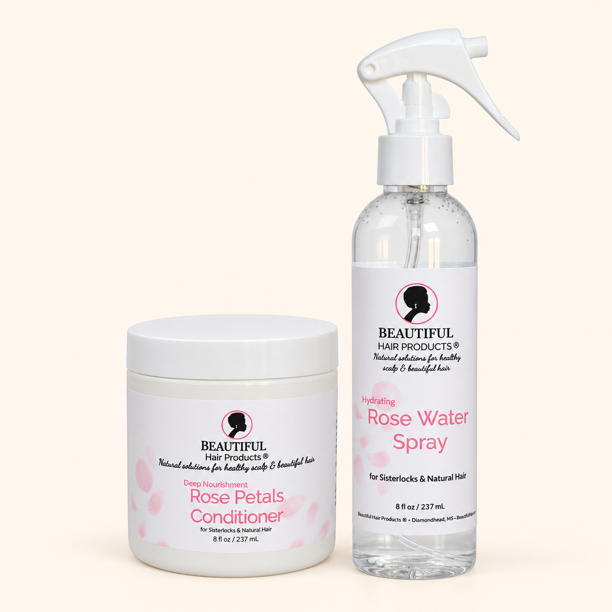 Rose Petals Serenity Discovery Kit with Rose Water Hydrating Spray and Rose Petals Deep Conditioner on a soft brand cream background.
