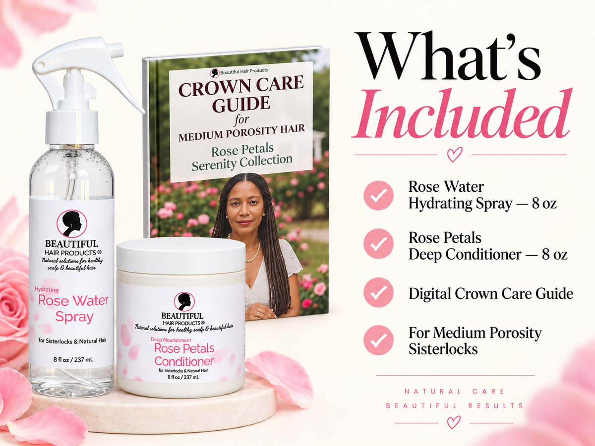 What's included in the Rose Petals Serenity Discovery Kit with Rose Water Hydrating Spray, Rose Petals Deep Conditioner, and medium porosity Crown Care Guide.