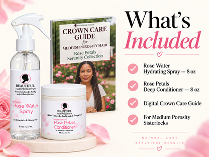 What's included in the Rose Petals Serenity Discovery Kit with Rose Water Hydrating Spray, Rose Petals Deep Conditioner, and medium porosity Crown Care Guide.
