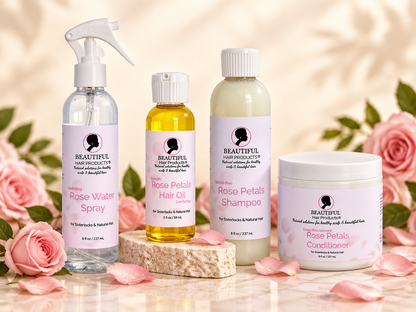 Rose Petals Serenity Full Routine Kit product-only image with Rose Water Spray, Rose Petals Hair Oil, Rose Petals Shampoo, and Rose Petals Conditioner on a Crown Cream background.