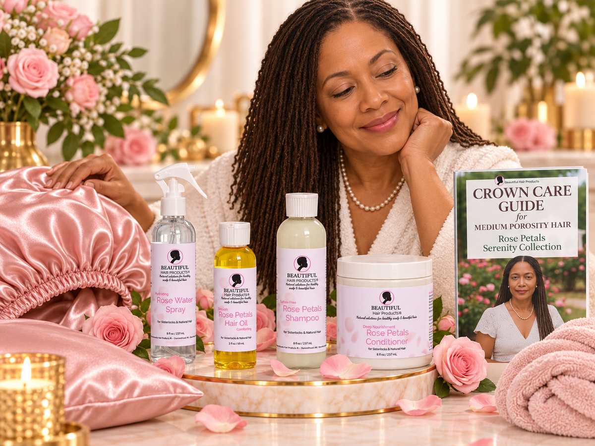 Rose Petals Serenity Full Routine Kit lifestyle for medium porosity Sisterlocks with Beautiful Hair Products, satin sleep cap, satin pillowcase, towel cap, and Rose Petals Medium Porosity Crown Care Guide.