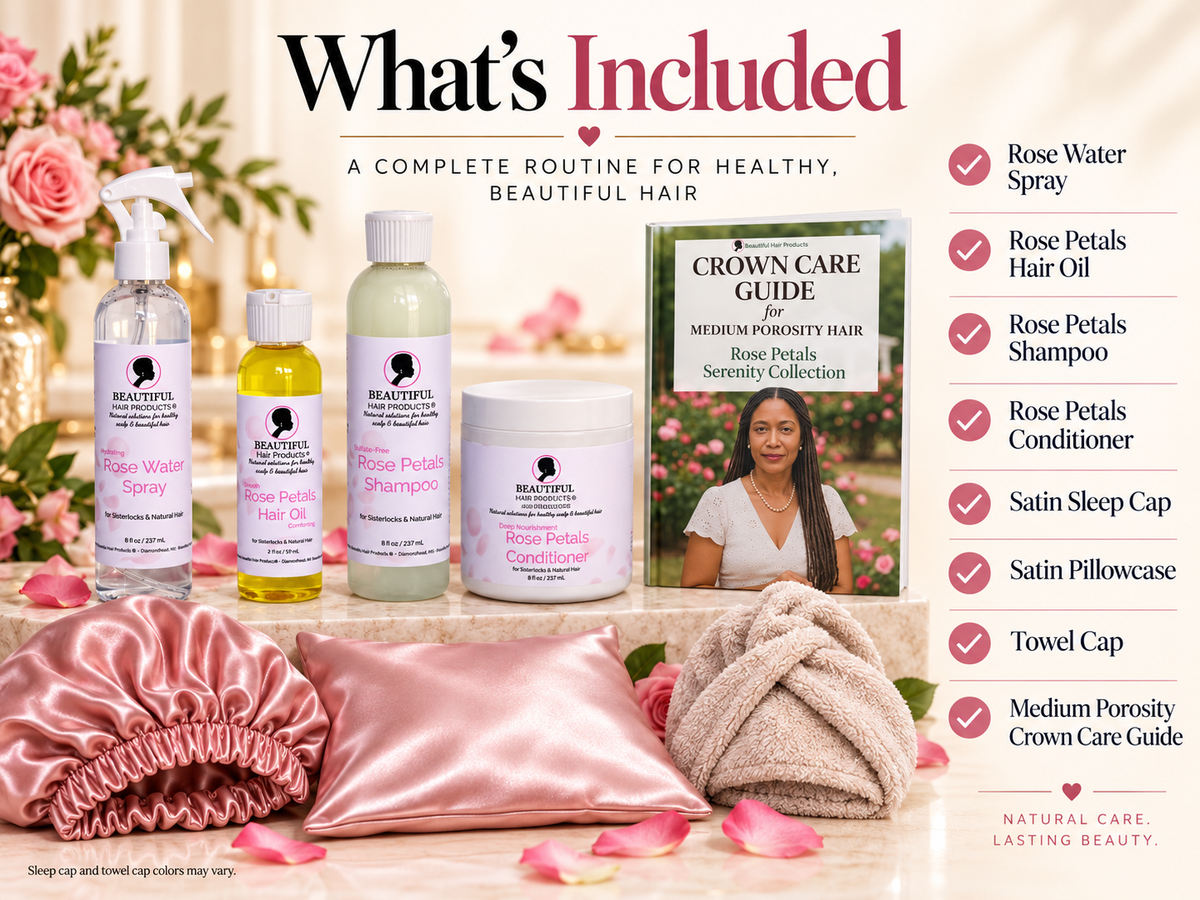 What's Included in the Rose Petals Serenity Full Routine Kit: Rose Water Spray, Rose Petals Hair Oil, Rose Petals Shampoo, Rose Petals Conditioner, satin sleep cap, satin pillowcase, microfiber towel cap, and Rose Petals Medium Porosity Crown Care Guide.
