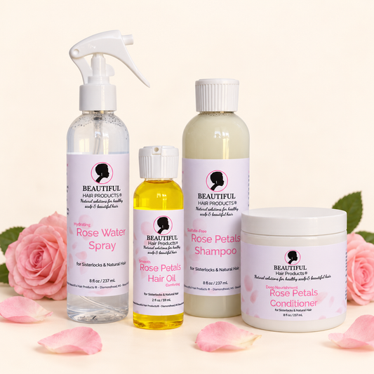 Four Beautiful Hair Products in the Rose Petals Serenity Starter Routine Kit: Rose Water Spray, Rose Petals Hair Oil, Rose Petals Shampoo, and Rose Petals Conditioner.