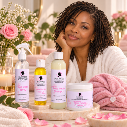 Rose Petals Serenity Starter Routine Kit for medium porosity Sisterlocks with four Beautiful Hair Products, pink towel cap, and mature Black woman with fine Sisterlocks.