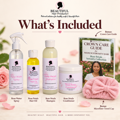What's included in the Rose Petals Serenity Starter Routine Kit: four Rose Petals hair care products, bonus microfiber towel cap, and Crown Care Guide for medium porosity hair.