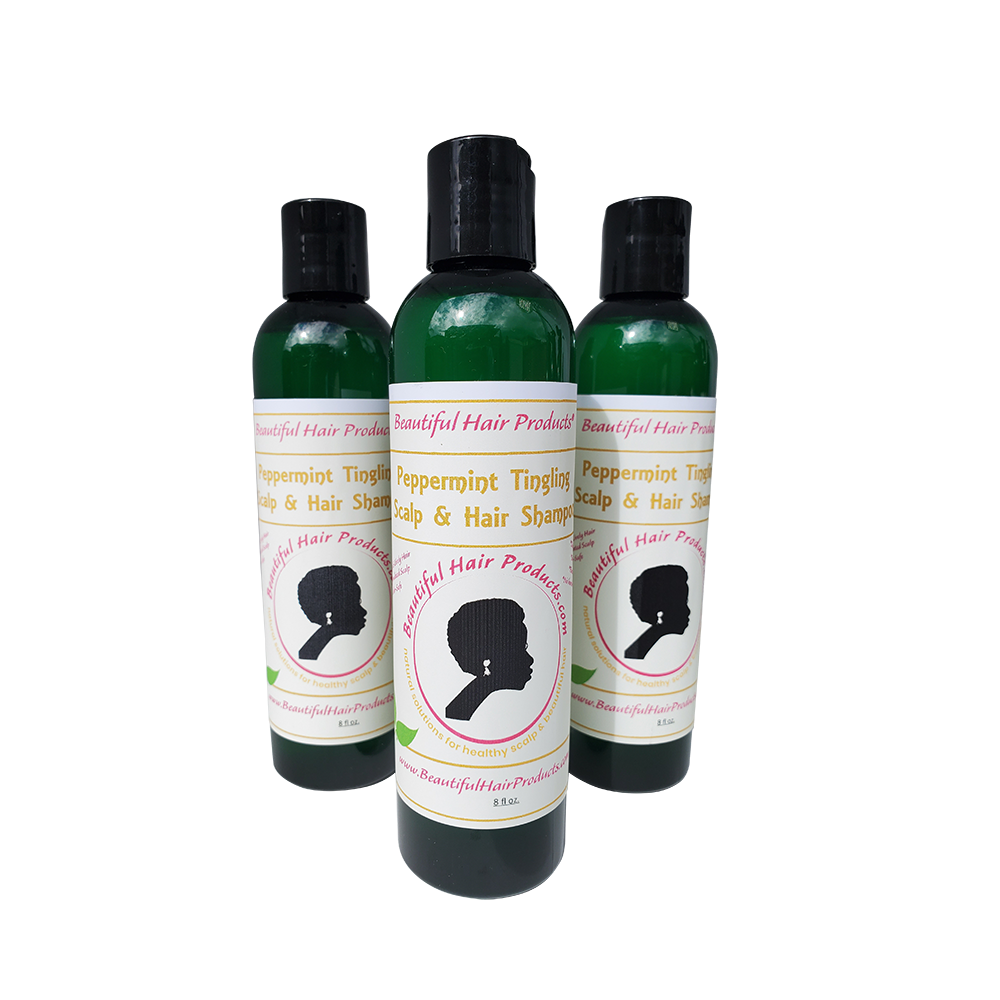Three bottles of Peppermint Clarifying Shampoo bottle, 8oz sulfate-free formula with green and pink label for natural hair and Sisterlocks care
