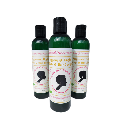 Three bottles of Peppermint Clarifying Shampoo bottle, 8oz sulfate-free formula with green and pink label for natural hair and Sisterlocks care

