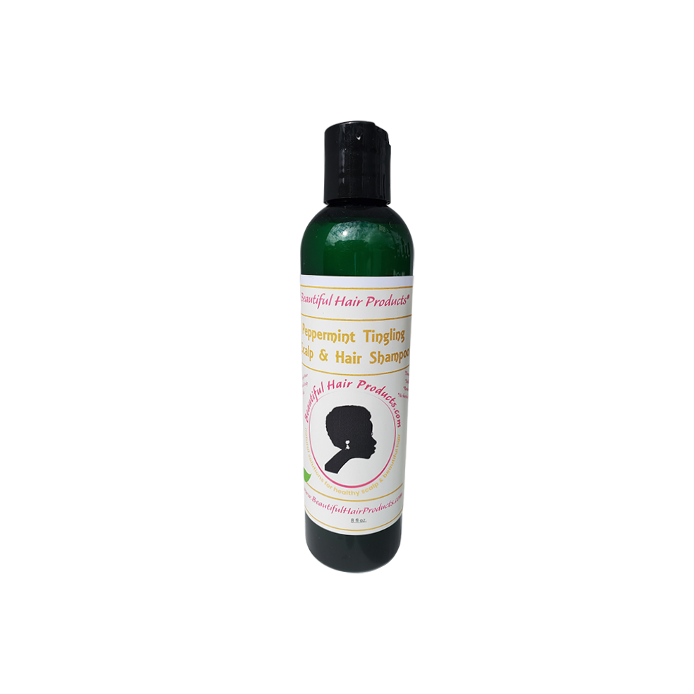 Peppermint Clarifying Shampoo bottle, 8oz sulfate-free formula with green and pink label for natural hair and Sisterlocks care
