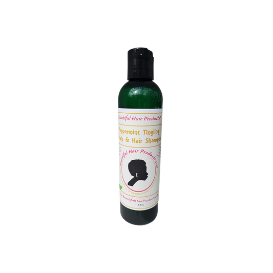 Peppermint Clarifying Shampoo bottle, 8oz sulfate-free formula with green and pink label for natural hair and Sisterlocks care
